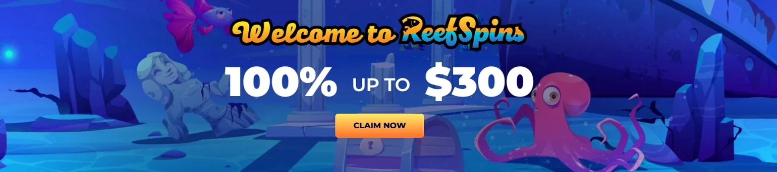 ReefSpins welcome package banner from the operator promotions page