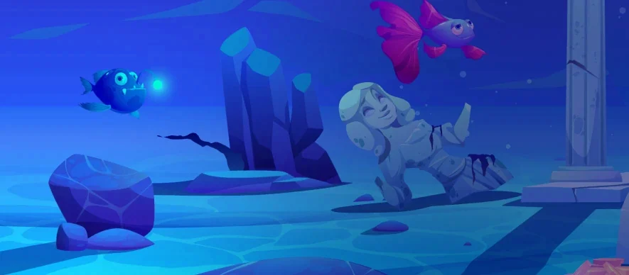 Reef scene from the ReefSpins lobby art: a stone mermaid statue beside a broken column, two fish and kelp over dark rocks